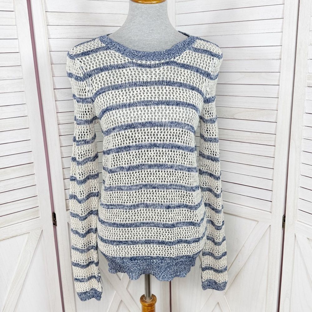 Xhilaration Striped‎ Open Weave Mesh Sweater Blue Cream Medium